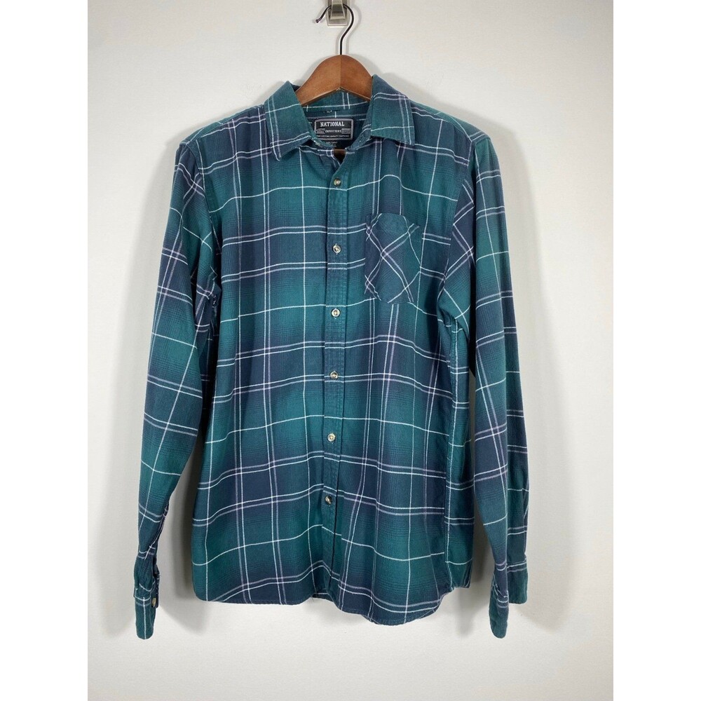 National Outfitters Men’s Flannel Button-Down Shirt Green Navy Plaid Size M